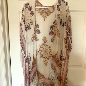 Bohemian white and floral shawl; one size